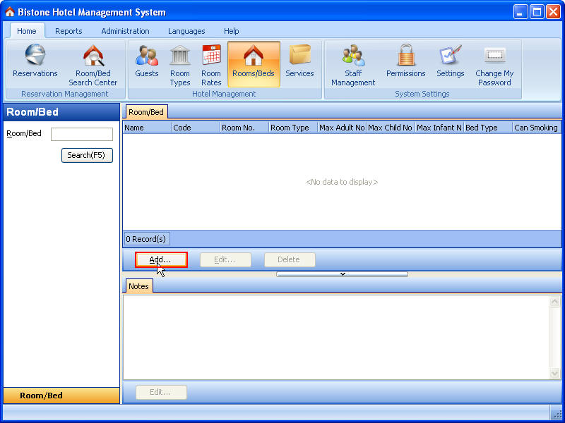 Click the Add Button in the Room/Bed Panel