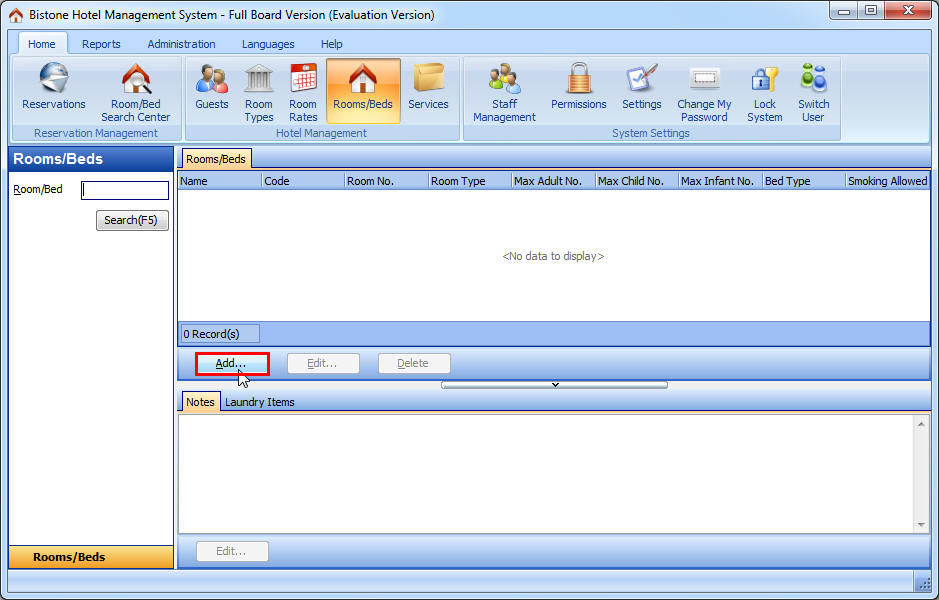 Click the Add Button in the Room/Bed Panel