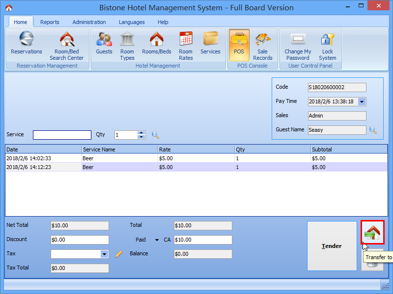 Click Transfer to Reservation Button