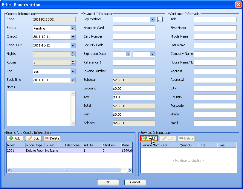 Service Add To Reservation ScreenShot